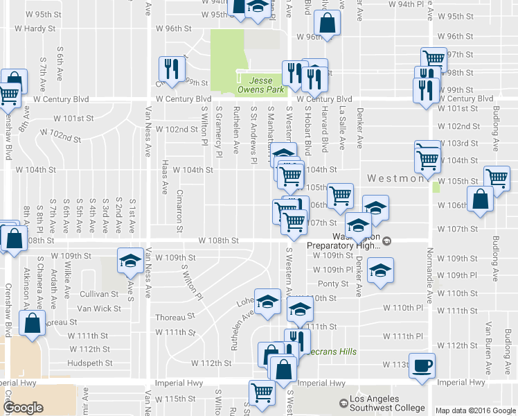 map of restaurants, bars, coffee shops, grocery stores, and more near 10600 S Street Andrews Place in Los Angeles
