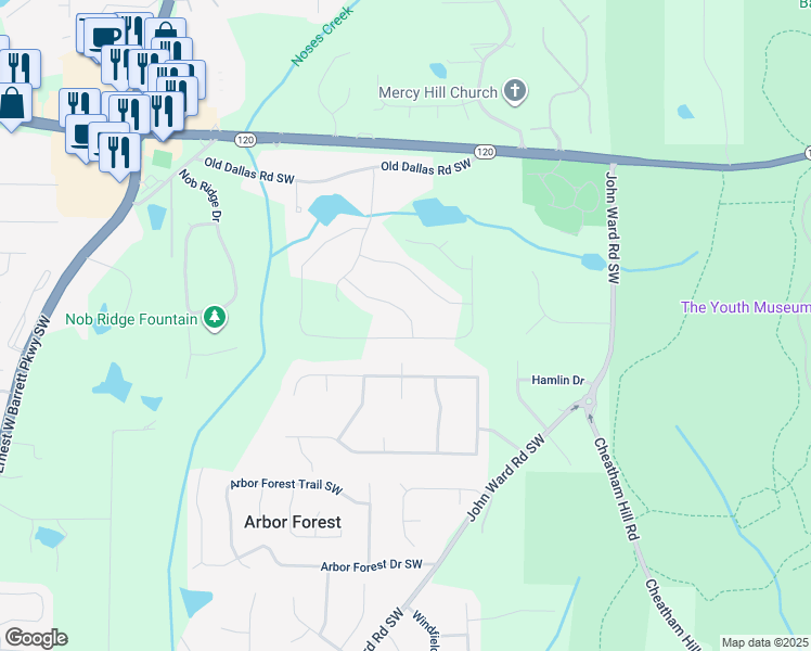 map of restaurants, bars, coffee shops, grocery stores, and more near 2048 Winding Creek Lane Southwest in Marietta