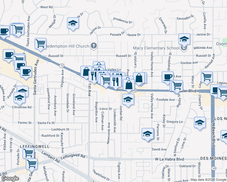 map of restaurants, bars, coffee shops, grocery stores, and more near 16336 Whittier Boulevard in Whittier