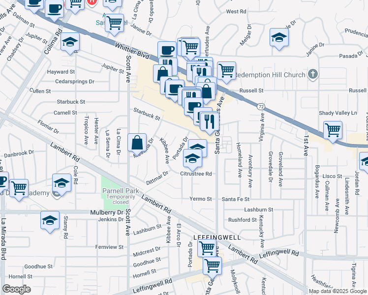 map of restaurants, bars, coffee shops, grocery stores, and more near 10442 Portada Drive in Whittier