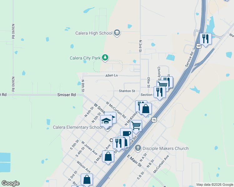 map of restaurants, bars, coffee shops, grocery stores, and more near 415 Stanton Street in Calera