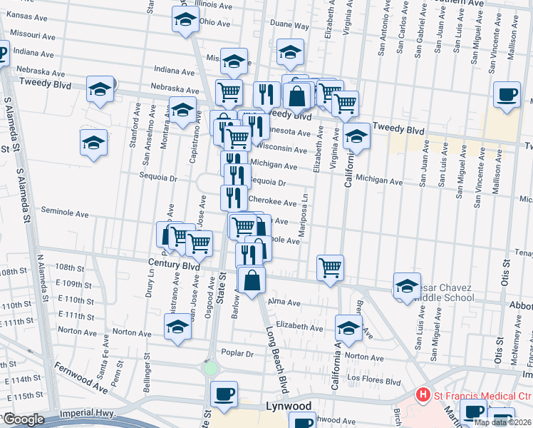 map of restaurants, bars, coffee shops, grocery stores, and more near 3276 Cherokee Avenue in South Gate