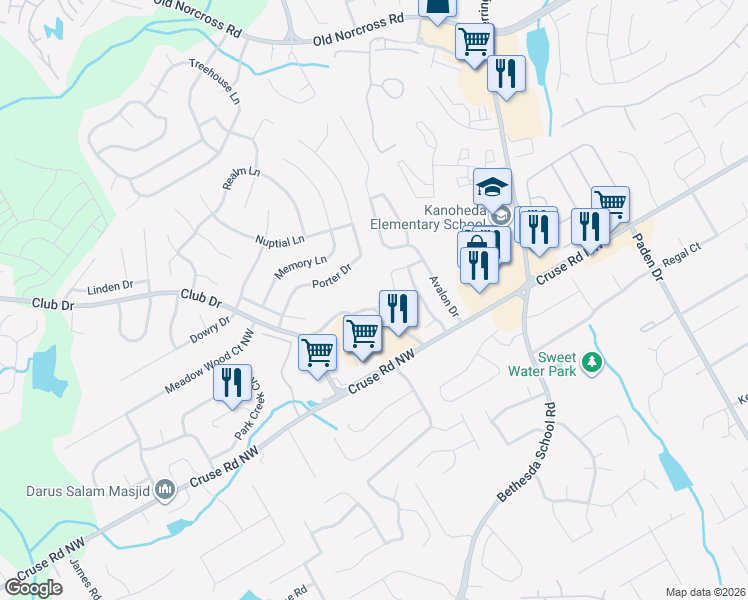 map of restaurants, bars, coffee shops, grocery stores, and more near 1161 Primrose View Circle Northwest in Lawrenceville