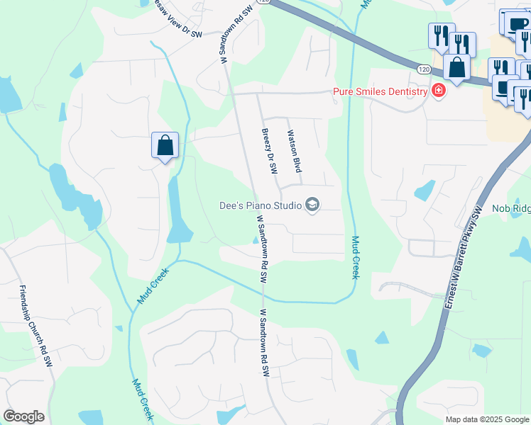 map of restaurants, bars, coffee shops, grocery stores, and more near 553 West Sandtown Road Southwest in Marietta