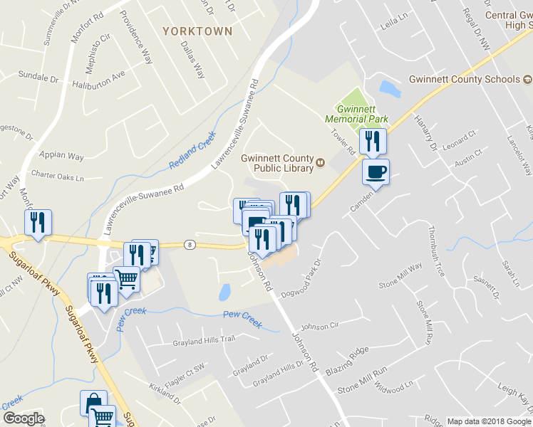 map of restaurants, bars, coffee shops, grocery stores, and more near 110 Fern Crest Drive in Lawrenceville