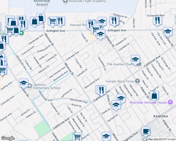 map of restaurants, bars, coffee shops, grocery stores, and more near 8584 Camelia Drive in Riverside