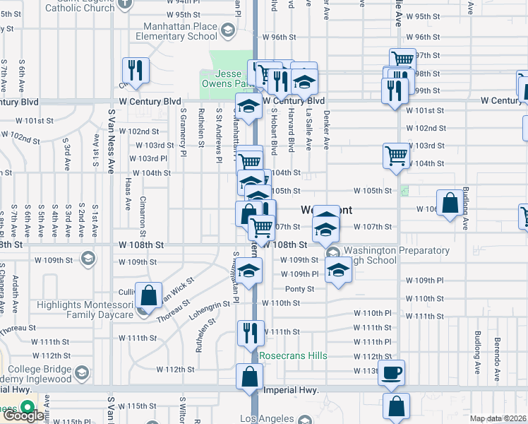 map of restaurants, bars, coffee shops, grocery stores, and more near 1746 West 106th Street in Los Angeles