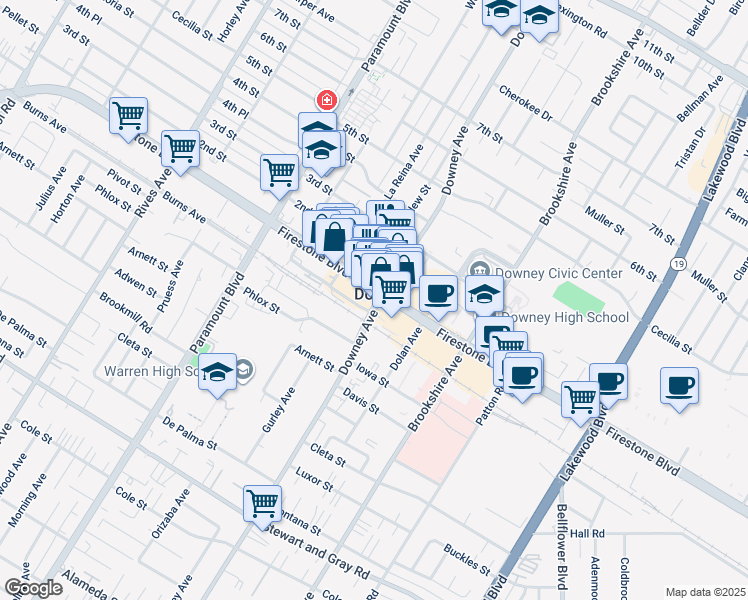 map of restaurants, bars, coffee shops, grocery stores, and more near 8226 Firestone Boulevard in Downey