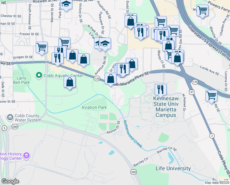 map of restaurants, bars, coffee shops, grocery stores, and more near 950 Hudson Road in Marietta