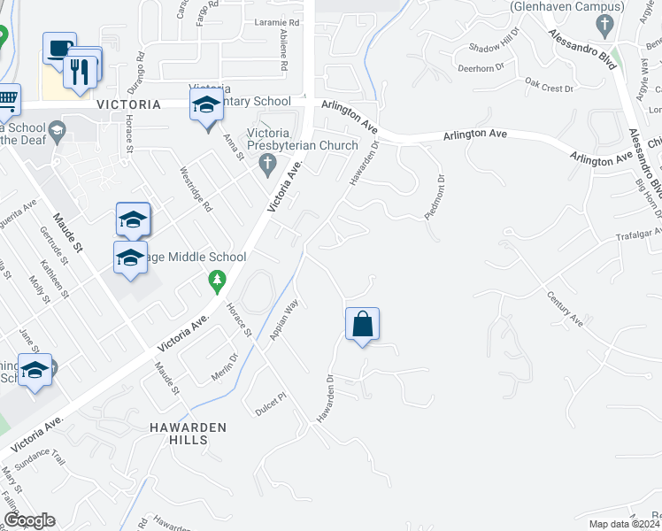 map of restaurants, bars, coffee shops, grocery stores, and more near 6128 Hawarden Drive in Riverside