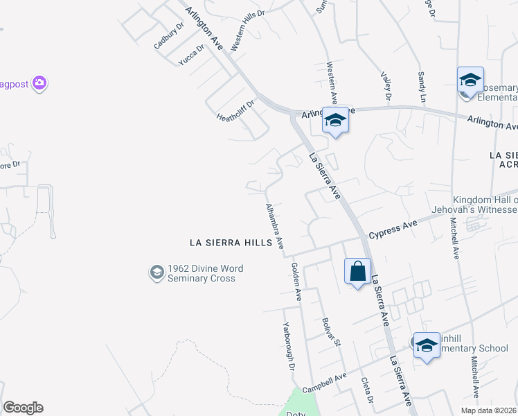 map of restaurants, bars, coffee shops, grocery stores, and more near 6168 Alhambra Avenue in Riverside