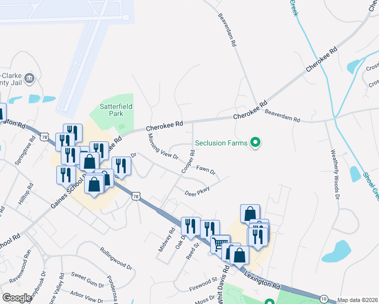 map of restaurants, bars, coffee shops, grocery stores, and more near 185 Morningview Circle in Athens