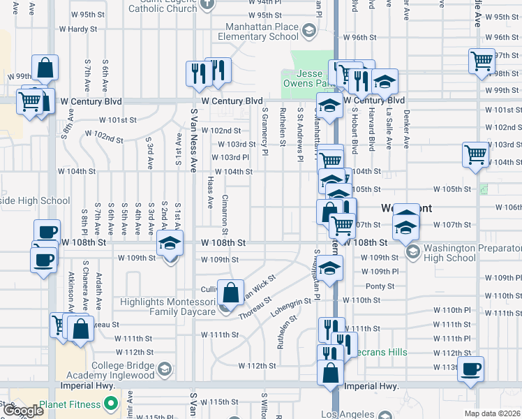 map of restaurants, bars, coffee shops, grocery stores, and more near 10518 South Wilton Place in Los Angeles