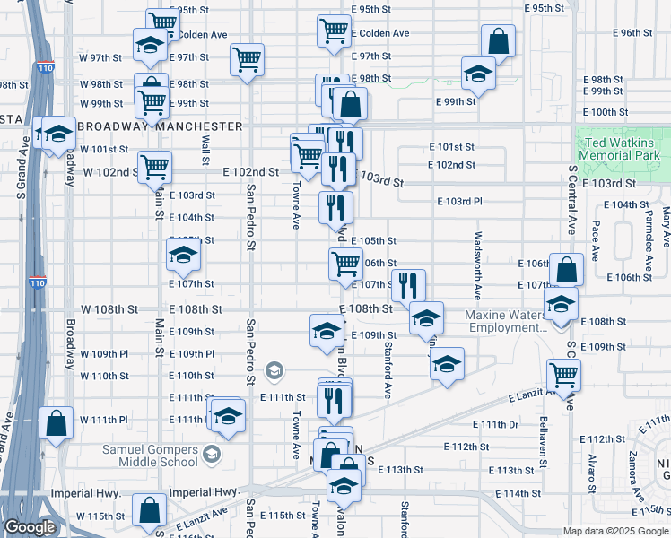 map of restaurants, bars, coffee shops, grocery stores, and more near 10605 Avalon Boulevard in Los Angeles