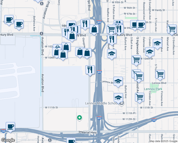 map of restaurants, bars, coffee shops, grocery stores, and more near 10300 South La Cienega Boulevard in Inglewood