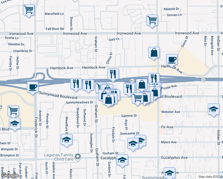 map of restaurants, bars, coffee shops, grocery stores, and more near 23616 Tower Street in Moreno Valley
