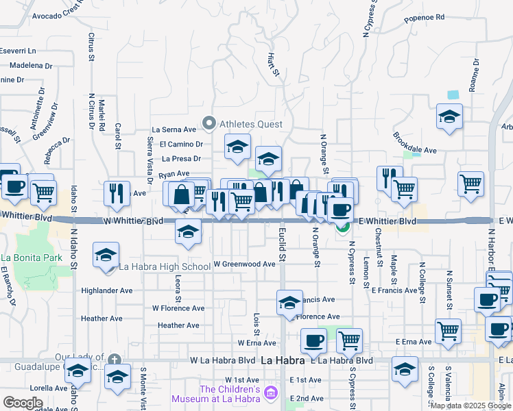 map of restaurants, bars, coffee shops, grocery stores, and more near 950 Hillside Street in La Habra