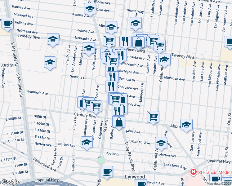 map of restaurants, bars, coffee shops, grocery stores, and more near 3276 Cherokee Avenue in South Gate