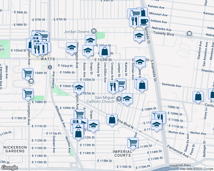 map of restaurants, bars, coffee shops, grocery stores, and more near 2110 East 105th Street in Los Angeles