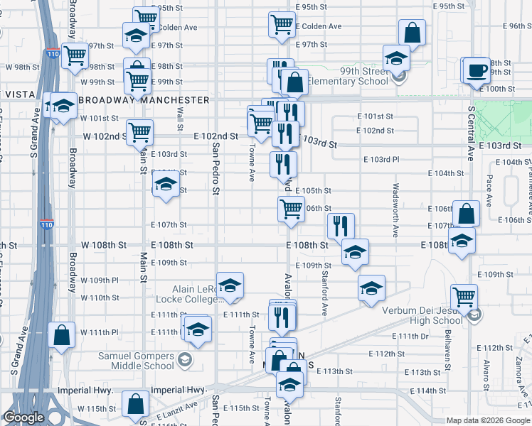 map of restaurants, bars, coffee shops, grocery stores, and more near 441 East 106th Street in Los Angeles