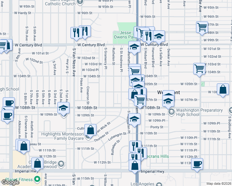 map of restaurants, bars, coffee shops, grocery stores, and more near 10515 Ruthelen Street in Los Angeles