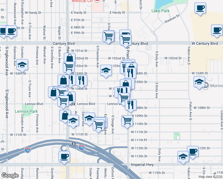map of restaurants, bars, coffee shops, grocery stores, and more near 4106 West 105th Street in Inglewood