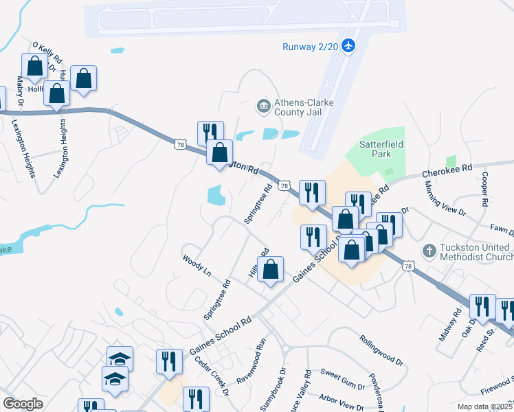 map of restaurants, bars, coffee shops, grocery stores, and more near 114 Springtree Road in Athens