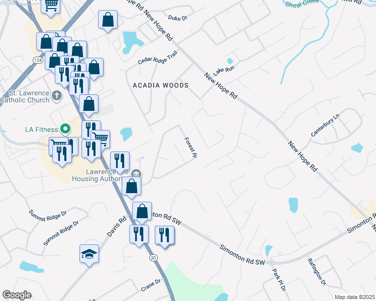 map of restaurants, bars, coffee shops, grocery stores, and more near 132 Forest Place in Lawrenceville