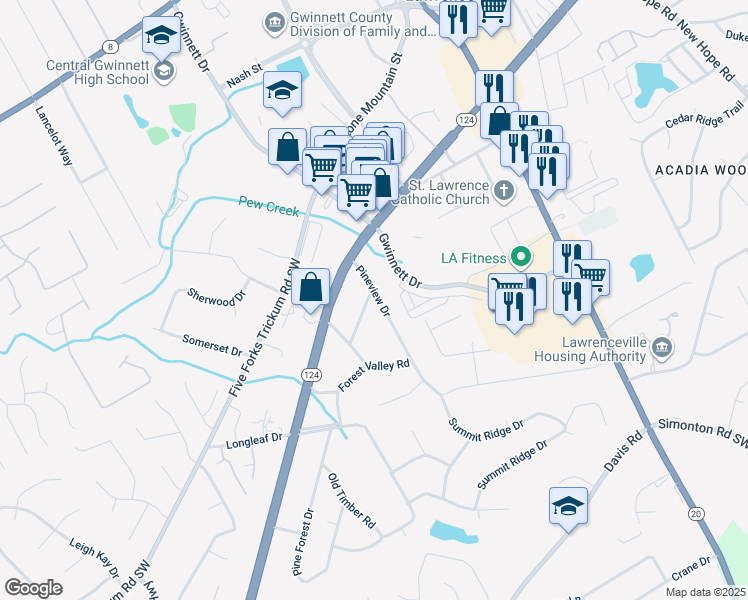 map of restaurants, bars, coffee shops, grocery stores, and more near 191 Pineview Drive in Lawrenceville