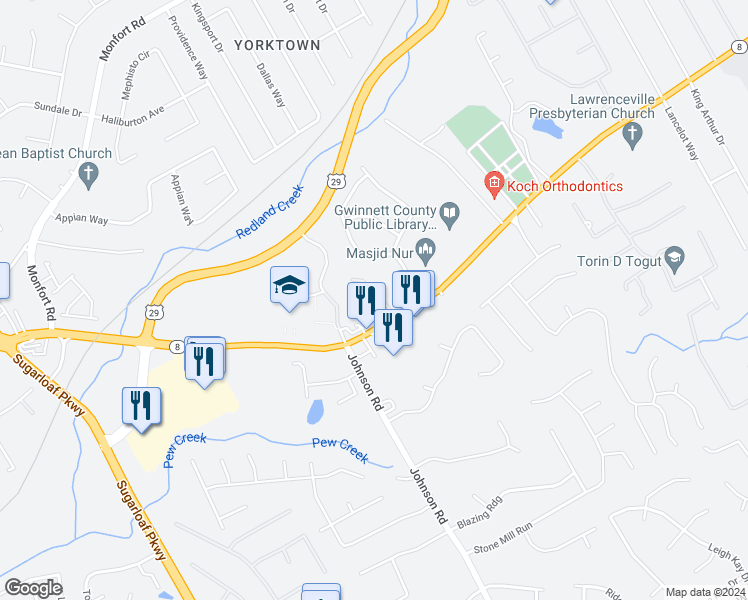 map of restaurants, bars, coffee shops, grocery stores, and more near 110 Fern Crest Drive in Lawrenceville
