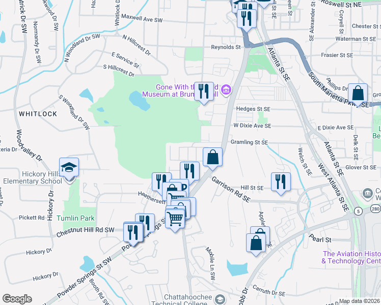 map of restaurants, bars, coffee shops, grocery stores, and more near 130 Senna Street in Marietta
