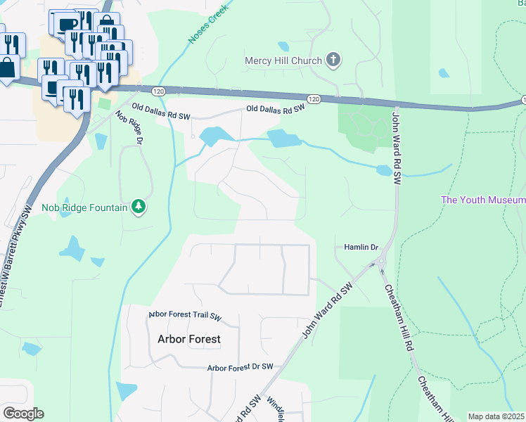 map of restaurants, bars, coffee shops, grocery stores, and more near 2048 Winding Creek Lane Southwest in Marietta