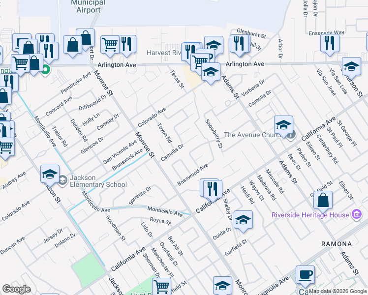 map of restaurants, bars, coffee shops, grocery stores, and more near 4468 Larkspur Road in Riverside