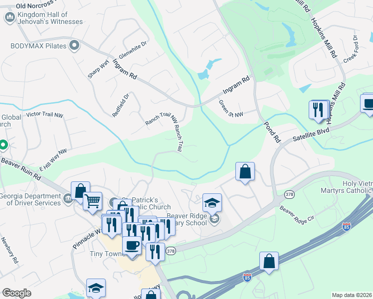map of restaurants, bars, coffee shops, grocery stores, and more near 4923 Spur Court Northwest in Norcross