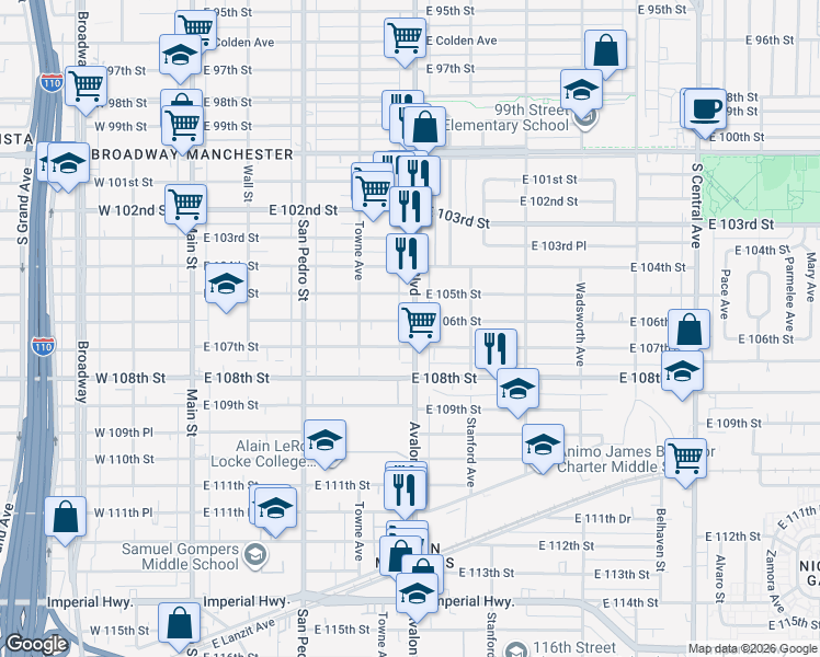 map of restaurants, bars, coffee shops, grocery stores, and more near 10605 Avalon Boulevard in Los Angeles