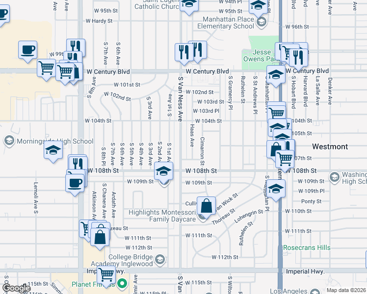 map of restaurants, bars, coffee shops, grocery stores, and more near 10602 South Van Ness Avenue in Los Angeles