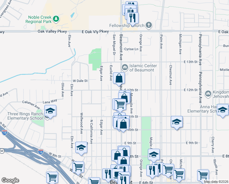 map of restaurants, bars, coffee shops, grocery stores, and more near 325 East 12th Street in Beaumont