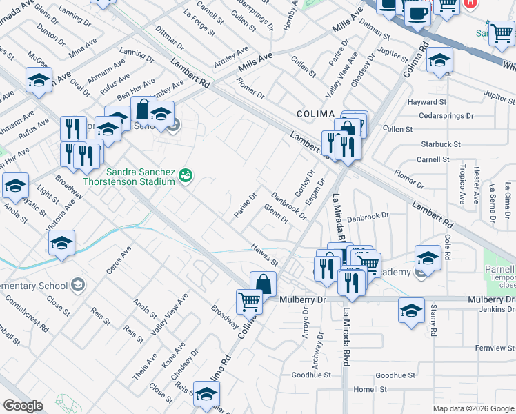 map of restaurants, bars, coffee shops, grocery stores, and more near 10415 Valley View Avenue in Whittier