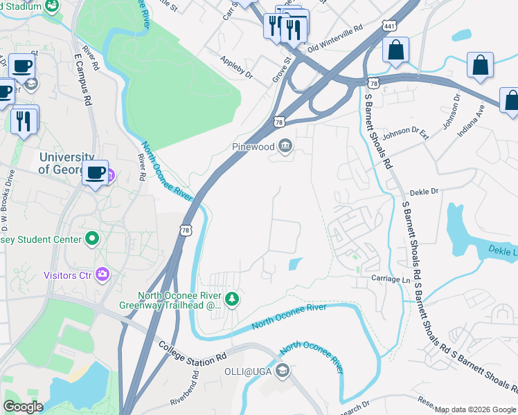 map of restaurants, bars, coffee shops, grocery stores, and more near 170 Elbert Street in Athens