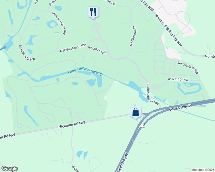 map of restaurants, bars, coffee shops, grocery stores, and more near 169 Ravennaside Drive Northwest in Calabash