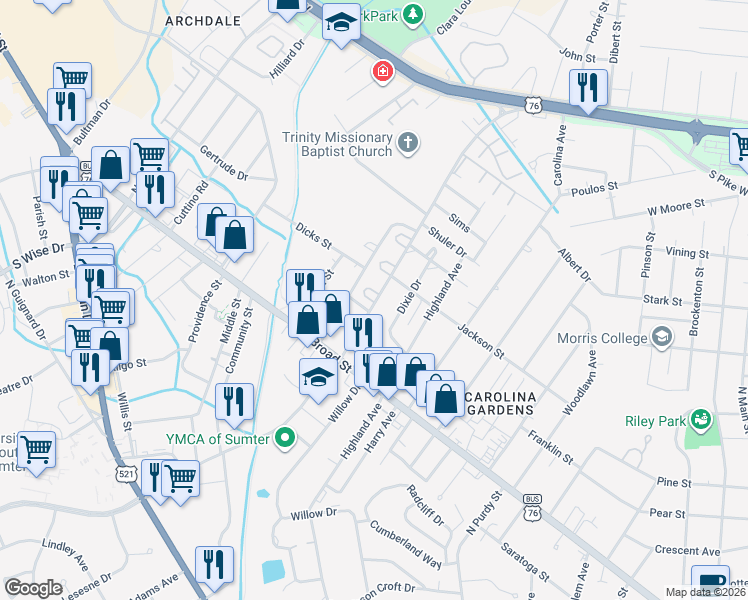 map of restaurants, bars, coffee shops, grocery stores, and more near 643 Miller Road in Sumter