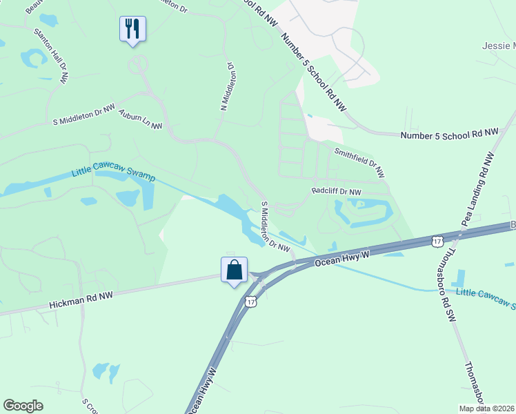 map of restaurants, bars, coffee shops, grocery stores, and more near 135 S Middleton Dr NW in Calabash