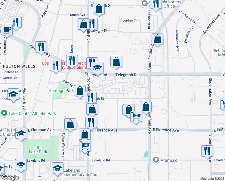 map of restaurants, bars, coffee shops, grocery stores, and more near 12329 Heritage Springs Drive in Santa Fe Springs