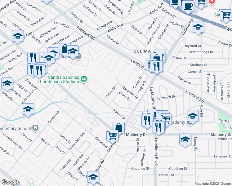 map of restaurants, bars, coffee shops, grocery stores, and more near 10415 Valley View Avenue in Whittier