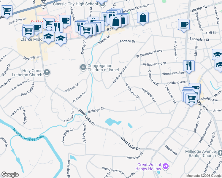 map of restaurants, bars, coffee shops, grocery stores, and more near 845 Bobbin Mill Road in Athens