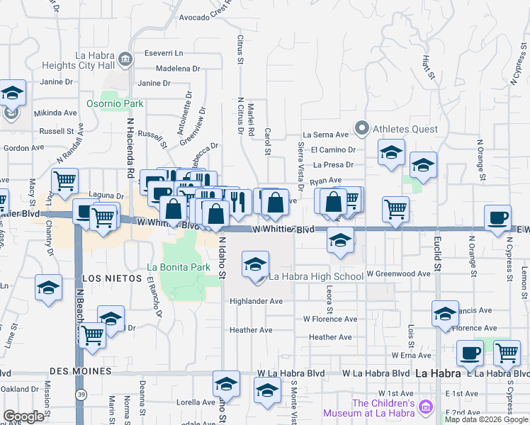 map of restaurants, bars, coffee shops, grocery stores, and more near 850 North Citrus Drive in La Habra