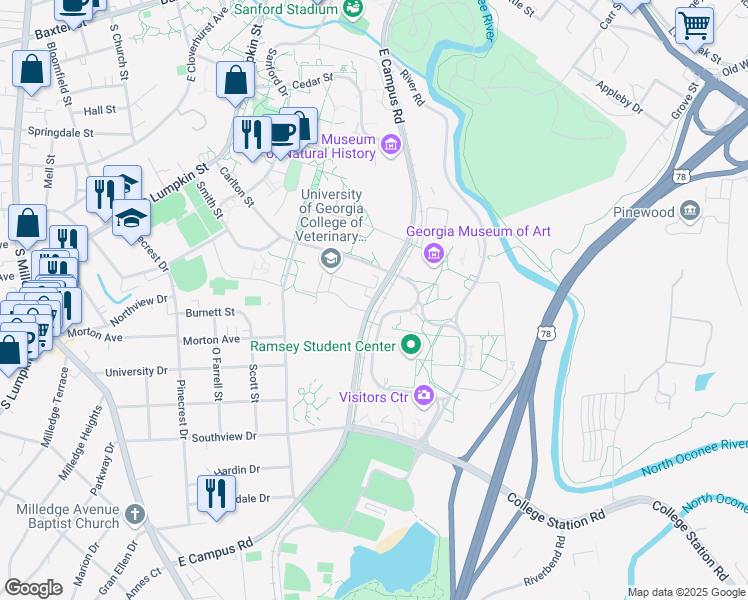 map of restaurants, bars, coffee shops, grocery stores, and more near East Campus Road in Athens