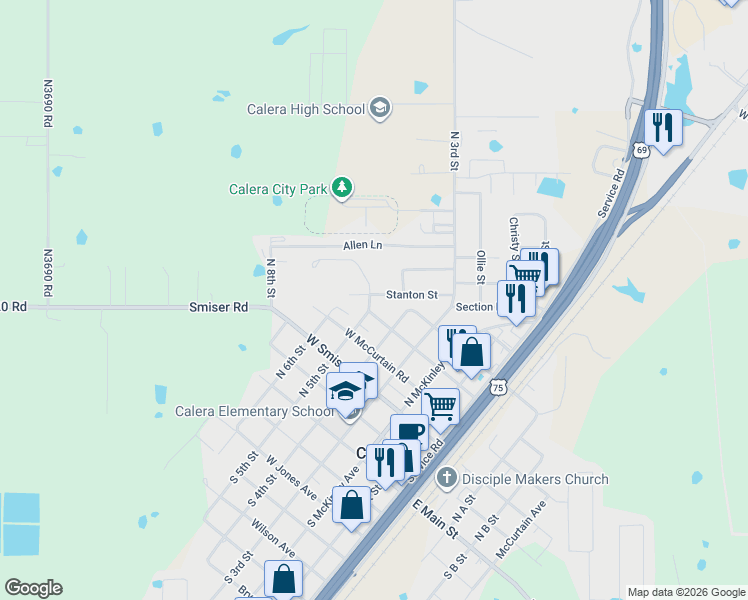 map of restaurants, bars, coffee shops, grocery stores, and more near 415 Stanton Street in Calera