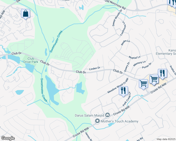 map of restaurants, bars, coffee shops, grocery stores, and more near 3210 Linden Drive in Lawrenceville