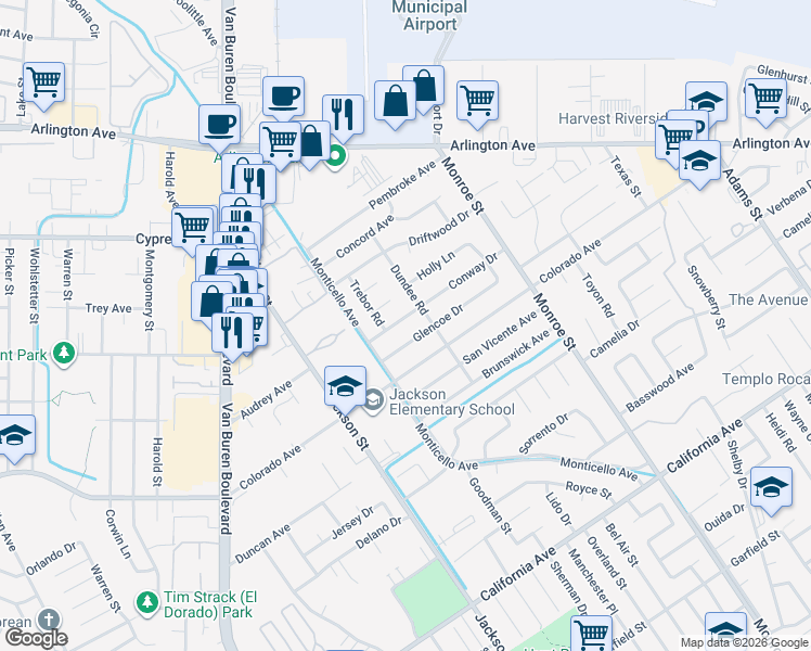 map of restaurants, bars, coffee shops, grocery stores, and more near 8932 Conway Drive in Riverside
